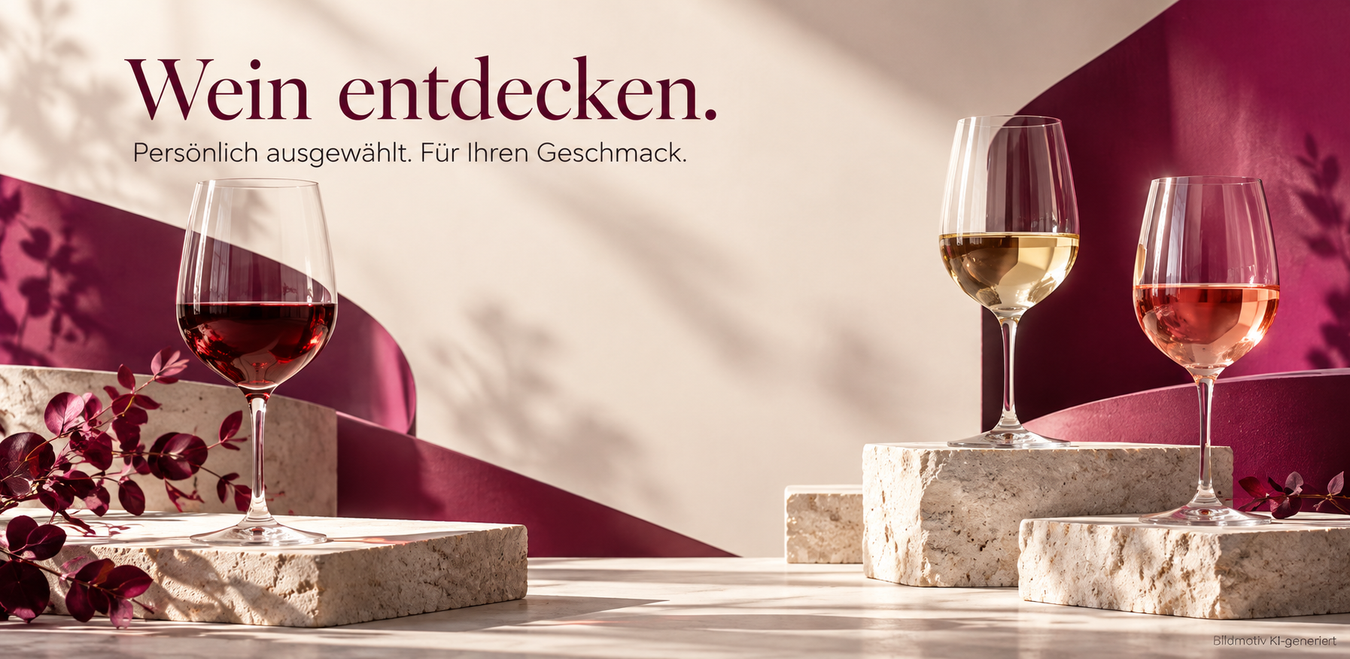 Rotwein, Weißwein und Roséwein in Gläsern vor einem cremefarbenen und magentafarbenen Hintergrund – Wein entdecken bei Mein-Weinhandel.