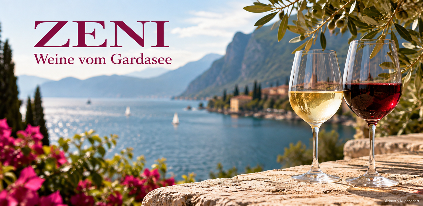 Drei Gläser mit Rotwein, Weißwein und Roséwein auf einer Steinterrasse mit Olivenzweigen und Seeblick.