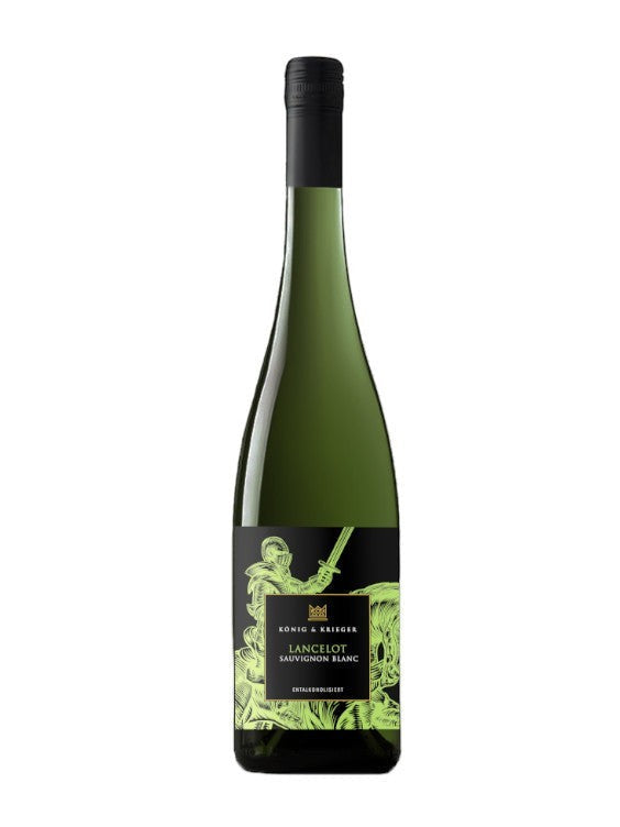 König & Krieger Lancelot alkoholfreier Sauvignon Blanc Weißwein in grüner Flasche mit schwarzem Etikett