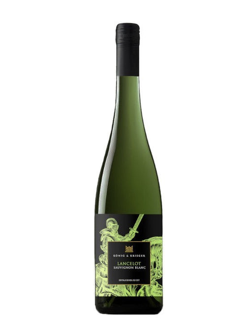 König & Krieger Lancelot alkoholfreier Sauvignon Blanc Weißwein in grüner Flasche mit schwarzem Etikett