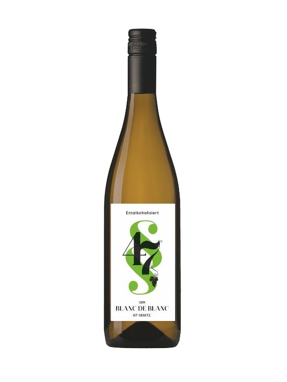 Mein-Weinhandel § 47 Blanc de Blanc alkoholfreier Weißwein, hellgelb, klare Fruchtaromen von Apfel, Melone und Banane.