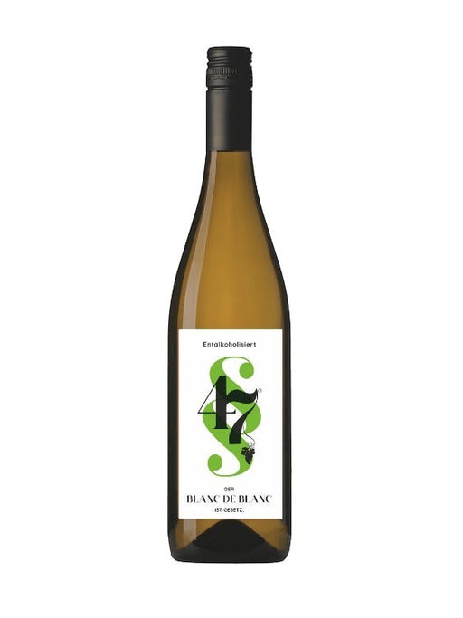 Mein-Weinhandel § 47 Blanc de Blanc alkoholfreier Weißwein, hellgelb, klare Fruchtaromen von Apfel, Melone und Banane.