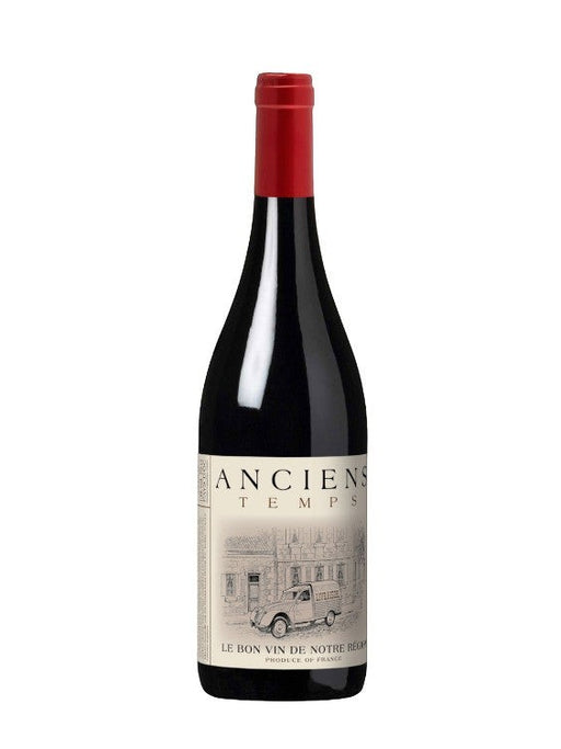 Mein-Weinhandel Anciens Temps Cabernet Sauvignon-Syrah IGP Pays d'Oc 2024 Rotwein Flasche mit rotem Kapselverschluss und Etikett mit Illustration.