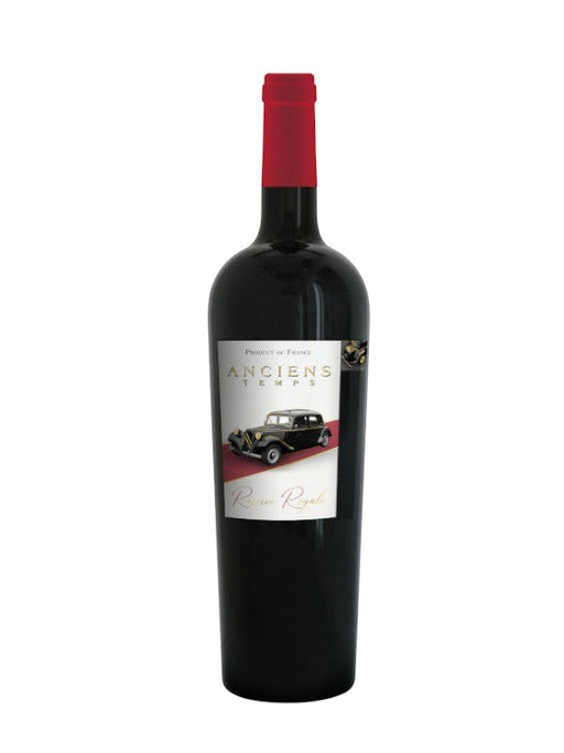 Anciens Temps Réserve Royale Syrah-Marselan IGP Pays d'Oc 2023 Rotwein mit rotem Kapselverschluss und Etikett mit Oldtimer-Motiv.