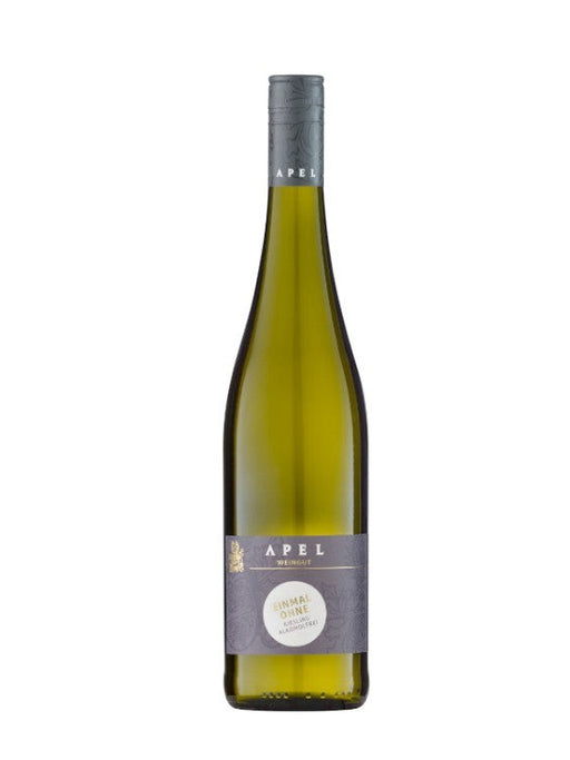 Apel "Einmal Ohne" alkoholfreier Riesling Weißwein in einer Glasflasche mit grauem Etikett und silbernem Verschluss.