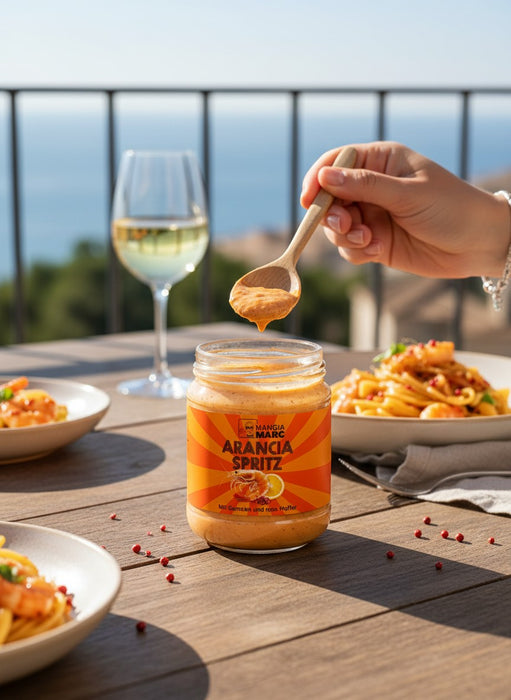 Mein-Weinhandel MANGIAMARC Arancia Spritz Soße im Glas mit Garnelen, Orange und rosa Pfeffer, 180g