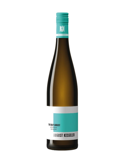 Mein-Weinhandel August Kesseler THE DAILY AUGUST Riesling 2025 Weißweinflasche mit türkisfarbenem Verschluss