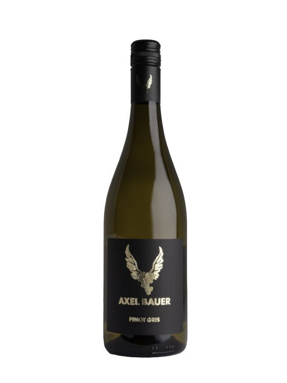 Axel Bauer Handwerk Pinot Gris 2022 Wein in einer dunklen Glasflasche mit schwarzem Etikett und goldenem Flügelmotiv.