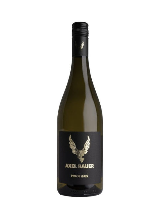 Axel Bauer Handwerk Pinot Gris 2022 Wein in einer dunklen Glasflasche mit schwarzem Etikett und goldenem Flügelmotiv.