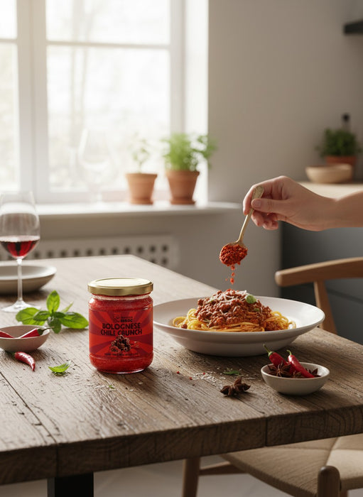 Mein-Weinhandel Bolognese Chili Crunch Glas mit würziger Sauce, die über Pasta gestreut wird. Zutaten: Rindfleisch, Tomaten, Chili, Ingwer, Szechuanpfeffer, Kardamom, Sternanis, Erdnüsse.