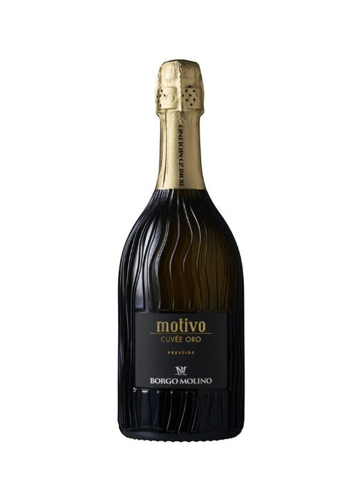 Mein-Weinhandel Borgo Molino Cuvée Oro Brut Spumante in einer eleganten, strukturierten Flasche mit goldener Kapsel.