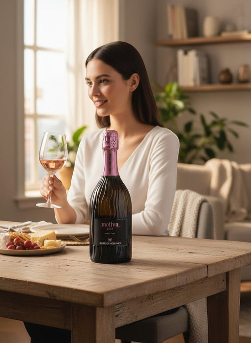 Borgo Molino Spumante Motivo Rosé Extra Dry Magnum 1,5l Flasche mit rosa Kappe, daneben ein Glas Roséwein und Käseplatte.
