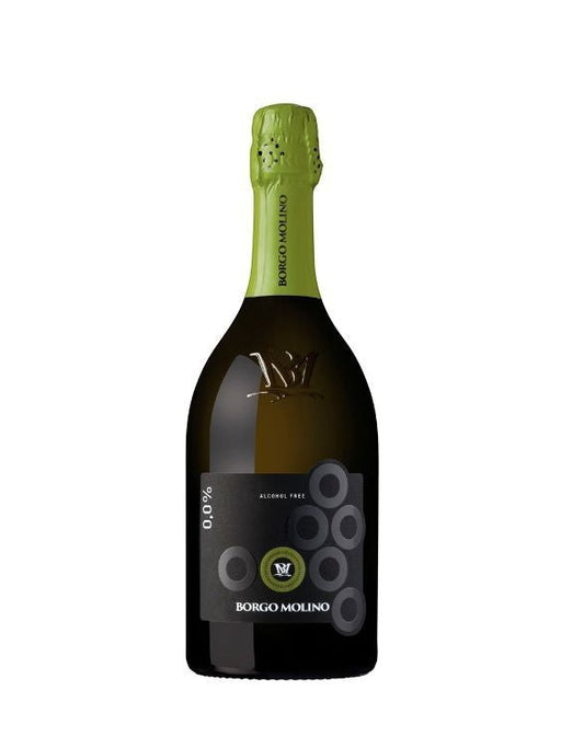 Borgo Molino alkoholfreier Spumante 0,0% in dunkler Glasflasche mit grünem Verschluss und schwarzem Etikett
