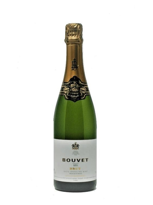 Mein-Weinhandel Bouvet Ladubay 1851 Brut weißer Schaumwein in grüner Flasche mit goldenem Verschluss und weißem Etikett.