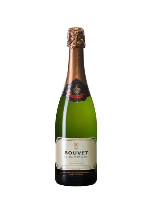 Bouvet Ladubay Crémant de Loire Blanc Brut Excellence Sektflasche in Grün mit goldener Kapsel und hellem Etikett.