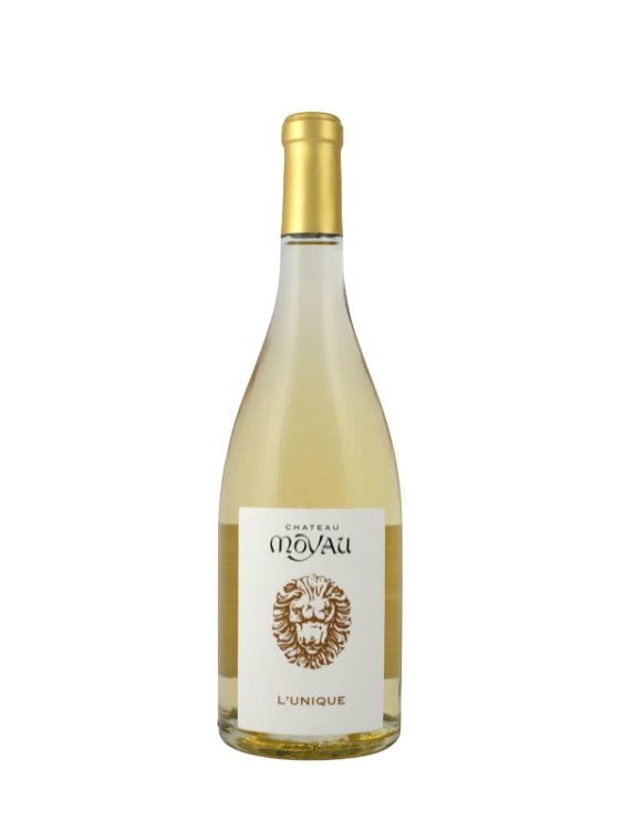 Château Moyau L'Unique 2023 Weißwein mit goldenem Verschluss und Löwenmotiv auf dem Etikett