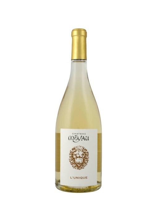 Château Moyau L'Unique 2023 Weißwein mit goldenem Verschluss und Löwenmotiv auf dem Etikett