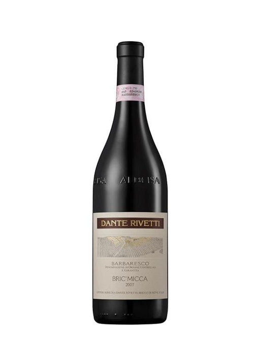 Dante Rivetti Barbaresco BRIC'MICCA DOCG 2021 Rotwein in dunkler Glasflasche mit Etikett, das Weinberge zeigt.