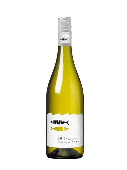Mein-Weinhandel Duo des Mers Sauvignon-Viognier 2025 Weißweinflasche mit Fisch-Illustration auf dem Etikett