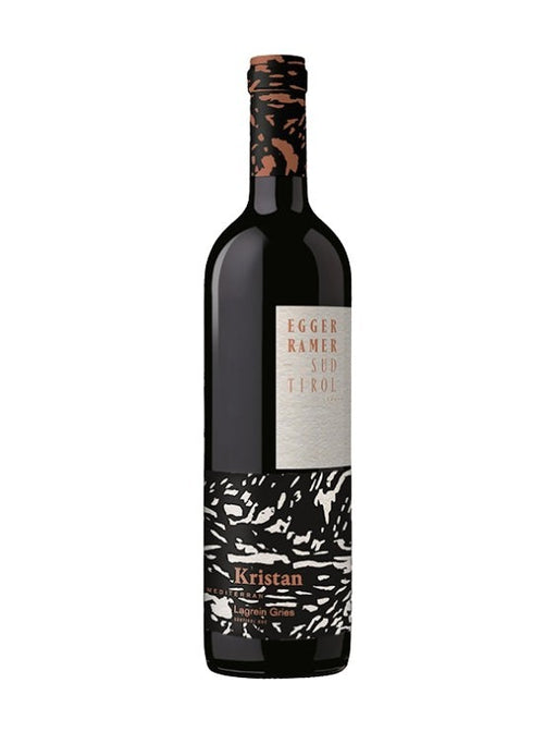 Mein-Weinhandel EGGER RAMER Lagrein Gries DOC KRISTAN 2024 Rotwein in dunkler Flasche mit auffälligem Etikett.