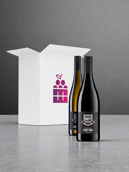 Mein-Weinhandel Entdecker-Paket: 4 Flaschen alkoholfreier Premium-Wein von Bergdolt Reif & Nett, darunter Pinot Noir und Merlot.