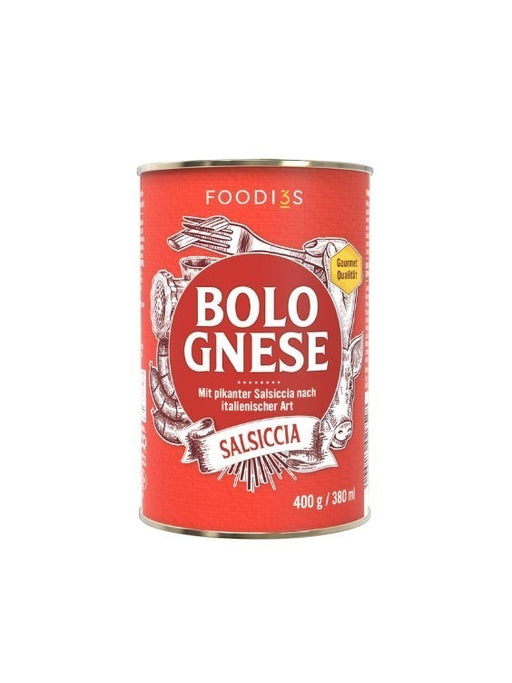 FOODI3S Bolognese Salsiccia in der 400g Dose, mit pikanten Salsiccia-Stücken nach italienischer Art.