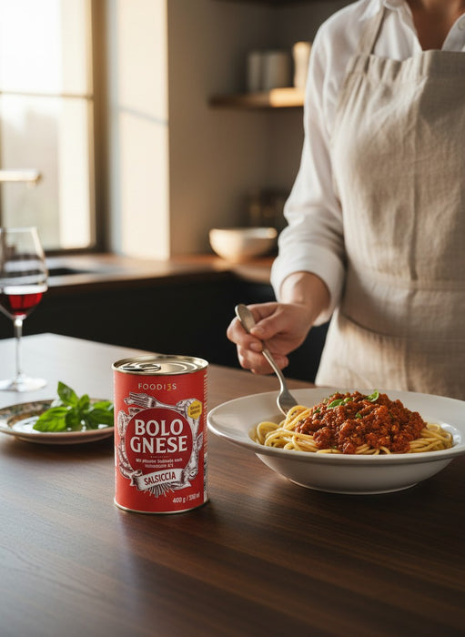 FOODI3S Bolognese Salsiccia 400g Dose mit Hackfleisch und Tomatensauce auf Spaghetti, serviert mit Wein.