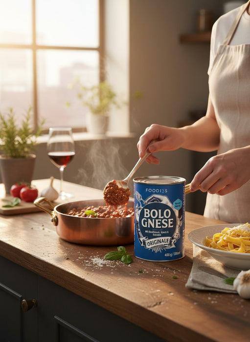 FOODI3S Bolognese Originale Dose mit Hackfleischsauce, serviert mit Pasta und einem Glas Rotwein