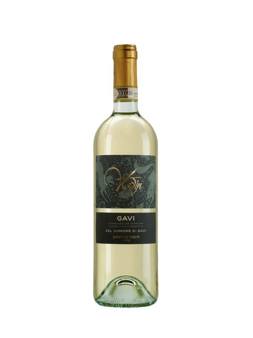 Cantine Volpi Gavi di Gavi DOCG 2023 Weißwein in Glasflasche mit goldenem Verschluss und grün-schwarzem Etikett.