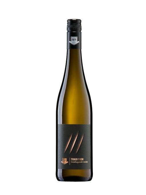 Bergdolt Reif & Nett Grauburgunder TRADITION 2023 trockener Weißwein in einer grünen Glasflasche mit schwarzem Etikett.