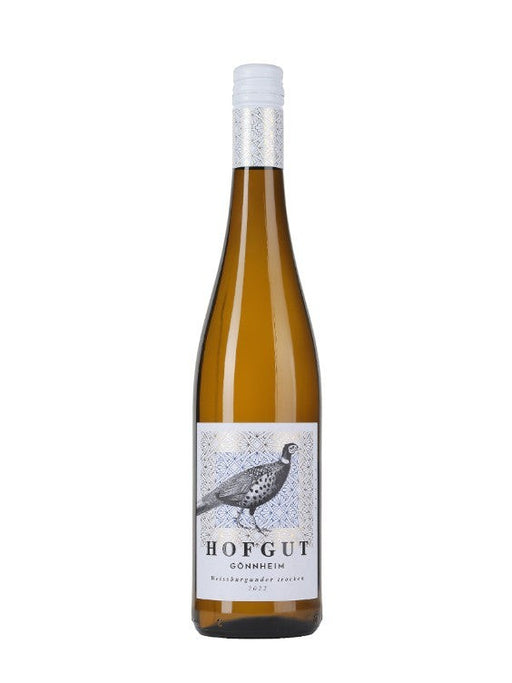 Mein-Weinhandel Hofgut Gönnheim Weißburgunder 2023 trockener Weißwein mit Vogelmotiv auf dem Etikett.