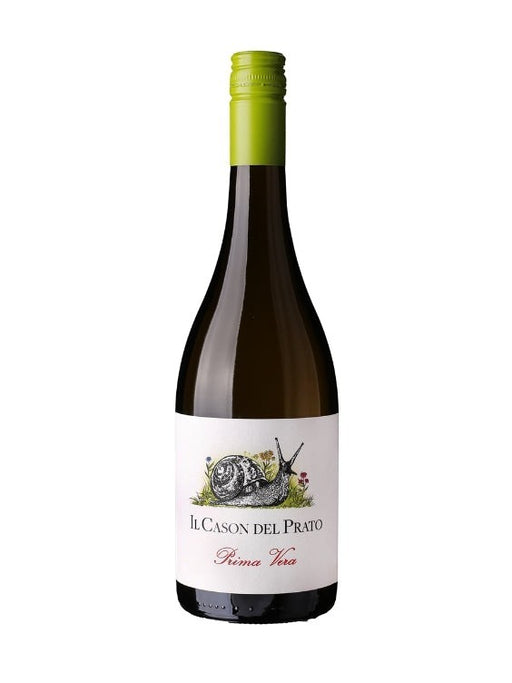 Mein-Weinhandel Il Cason del Prato Prima Vera Weißwein mit Schnecken-Illustration auf dem Etikett und grünem Schraubverschluss.