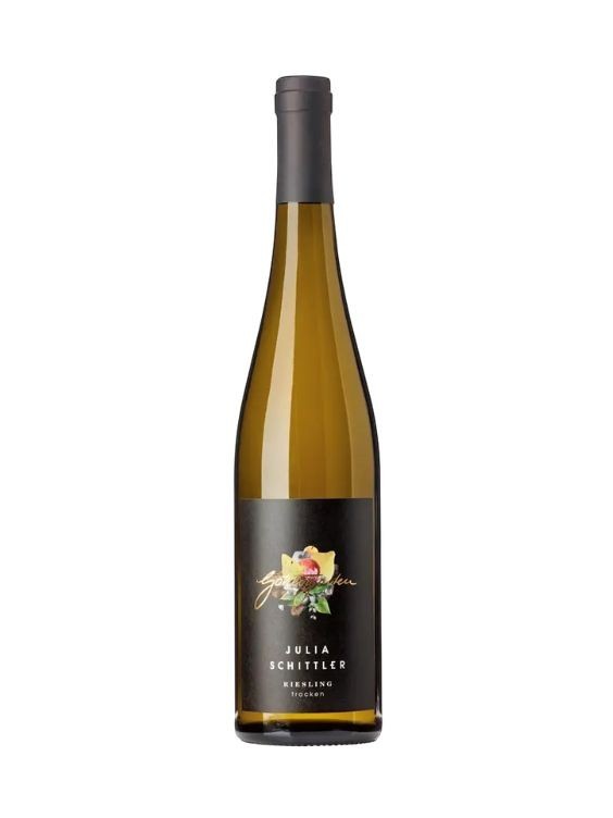 Julia Schittler Riesling Selzener Gottesgarten 2023 trockener Weißwein in Glasflasche mit schwarzem Etikett und floralem Motiv