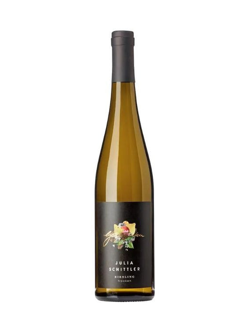 Julia Schittler Riesling Selzener Gottesgarten 2023 trockener Weißwein in Glasflasche mit schwarzem Etikett und floralem Motiv