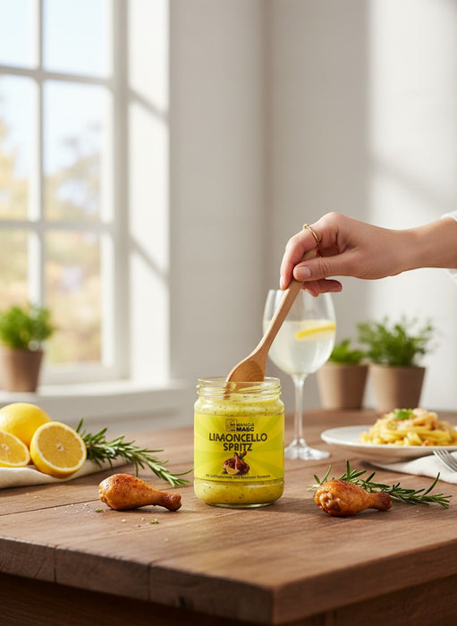 Mein-Weinhandel MANGIA MARC Limoncello Spritz Soße im Glas mit Hühnchen, Rosmarin und Zitrone