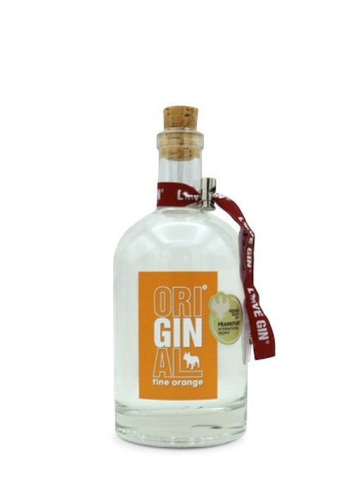 Mein-Weinhandel ORIGINAL LOVE GIN. fine orange 0,5l Flasche mit Korkverschluss und rotem Band.