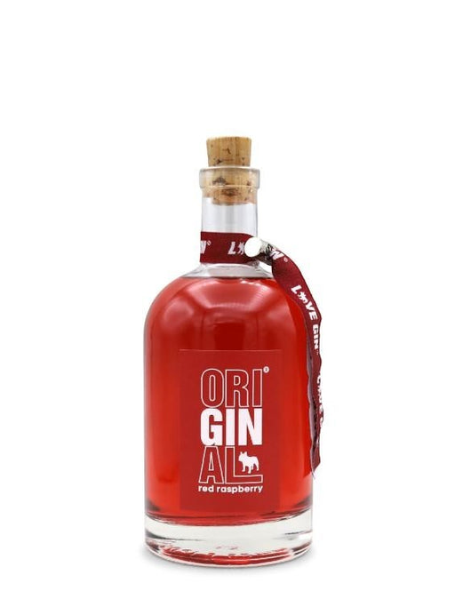 Mein-Weinhandel ORIGINAL. LOVE GIN. - rote Himbeere, 0,5l Flasche mit Korkverschluss und rotem Band.
