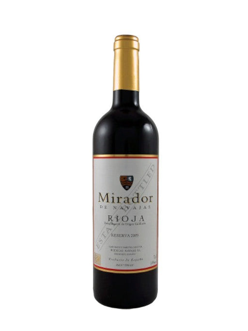 Mein-Weinhandel: Flasche Mirador de Navajas Rioja Reserva 2017 Rotwein mit goldenem Verschluss und weißem Etikett mit Wappen.