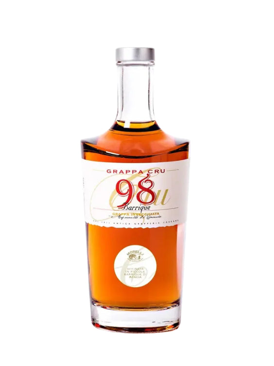 Mein-Weinhandel Morelli Grappa Cru Acacia Invecchiata in einer eleganten 0,7l Glasflasche mit bernsteinfarbenem Inhalt