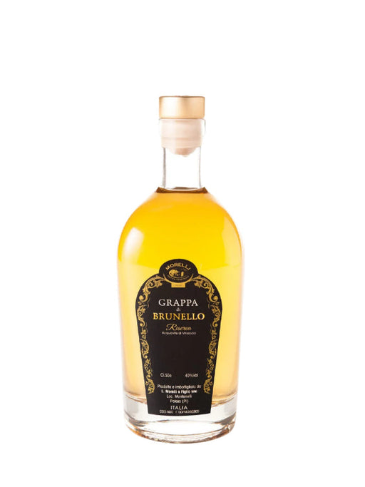 Mein-Weinhandel Morelli Grappa di Brunello Riserva in einer eleganten 0,5-Liter-Flasche mit goldenem Verschluss
