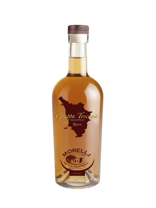Mein-Weinhandel Morelli Grappa Toscana Invecchiata in einer 0,7-Liter-Flasche mit bernsteinfarbenem Destillat