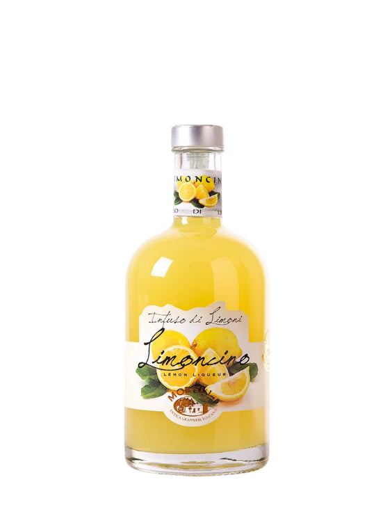 Mein-Weinhandel Morelli Limoncino Zitronenlikör in einer 0,5 Liter Glasflasche mit Etikett und Zitronenmotiv