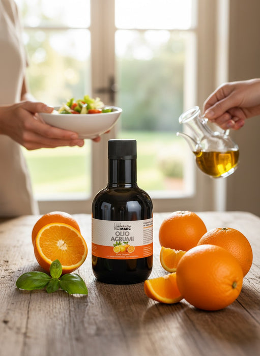Mein-Weinhandel MANGIAMARC Olio Agrumi 250ml, aromatisiertes Olivenöl mit Zitrusnote, Flasche mit Orangen und Basilikum