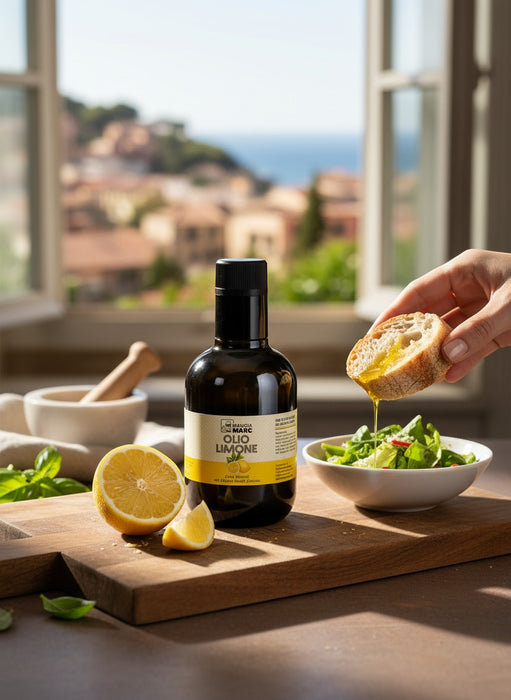 Mein-Weinhandel MANGIA MARC Olio Limone 250ml, aromatisiertes Olivenöl mit Amalfi-Zitronen, 75% Oliven, 25% Zitrone.