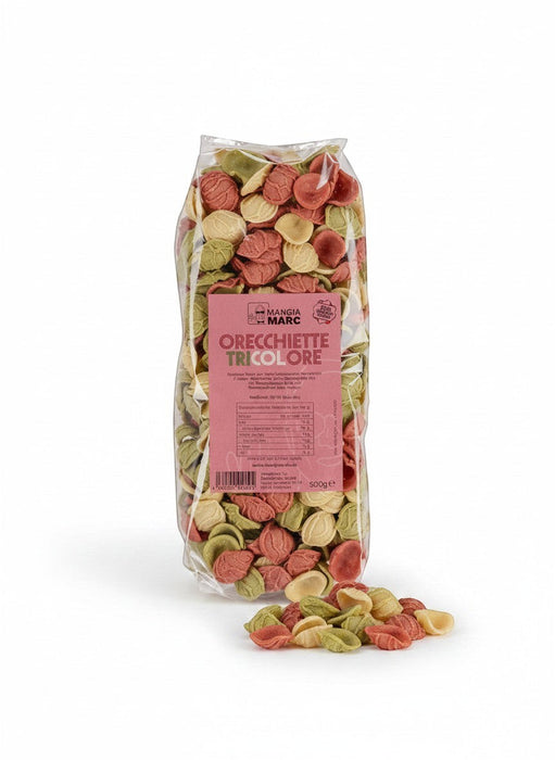 Mein-Weinhandel Orecchiette Tricolore Pasta aus Hartweizen, 500g, in den Farben Natur, Grün und Rot, handgemacht in Italien.