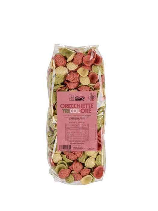 Mein-Weinhandel Orecchiette Tricolore Pasta, 500g Beutel, aus Hartweizen in Natur, Grün und Rot.