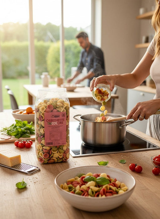 Mein-Weinhandel MANGIAMARC Orecchiette Tricolore 500g Pasta aus Hartweizen in den Farben Natur, Grün und Rot, handgemacht in Italien.