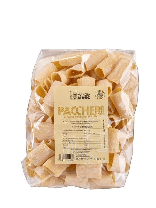 Mein-Weinhandel MANGIAMARC Paccheri 500g, trockene Hartweizenpasta aus 100% italienischem Hartweizen, ideal für kräftige Saucen.