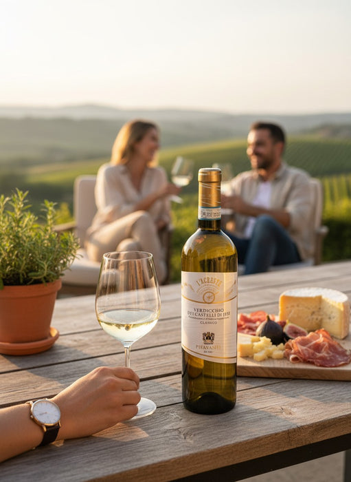Piersanti Verdicchio dei Castelli di Jesi Classico DOC 2024 Weißwein mit Zitrus- und Mandelnoten, serviert mit Käse und Schinken