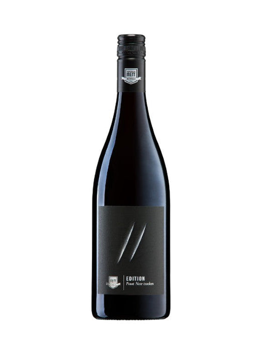 Mein-Weinhandel Bergdolt Reif & Nett Edition 2020 Pinot Noir trockener Rotwein in dunkler Flasche mit schwarzem Etikett.